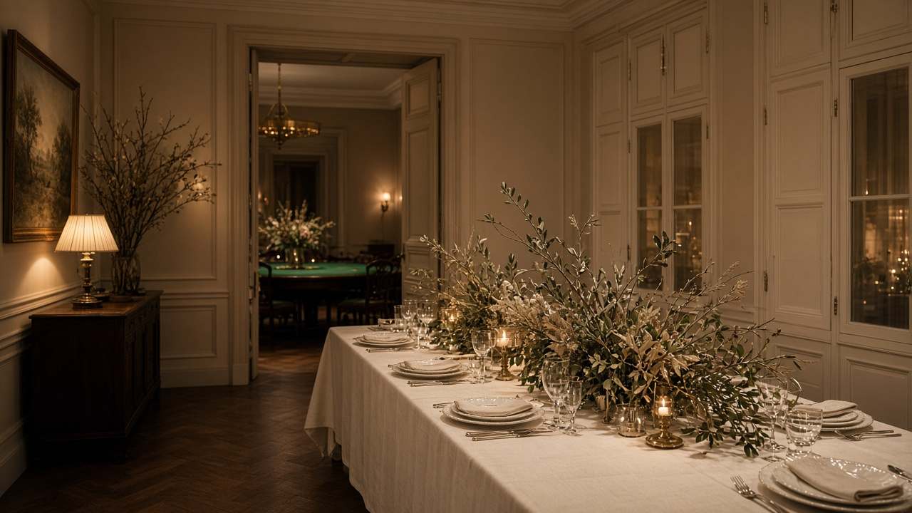 Table longue dressée pour un dîner privé, casino visible par la porte ouverte